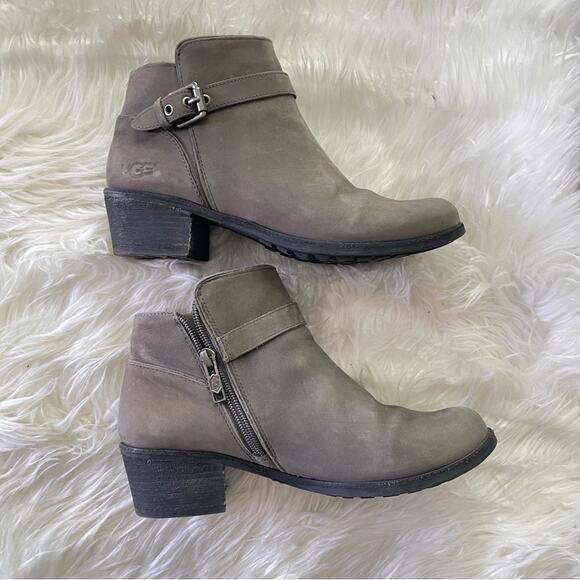 UGG | Women’s Bellamy Nubuck Tan Grey Buckles Water Resistant Bootie Ankle Boots - Picture 6 of 11